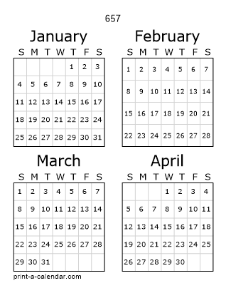 657 Three Page Yearly Calendar | Four months per page