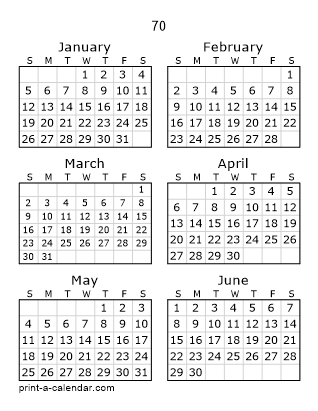 70 Two Page Yearly Calendar | Six months per page