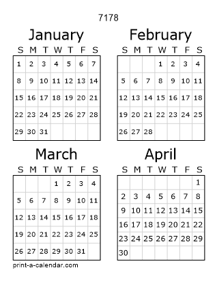 7178 Three Page Yearly Calendar | Four months per page