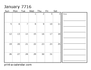 7716 Monthly Calendar with Notes