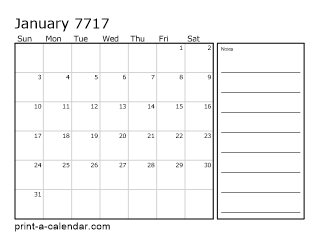 7717 Monthly Calendar with Notes