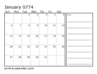 774 Monthly Calendar with Notes