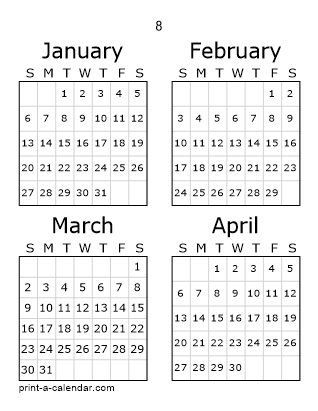 8 Three Page Yearly Calendar | Four months per page