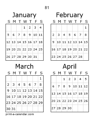 81 Three Page Yearly Calendar | Four months per page