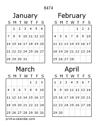 8474 Three Page Yearly Calendar | Four months per page