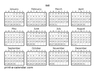 848 Yearly Calendar | One page Calendar