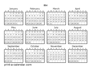 864 Yearly Calendar | One page Calendar