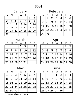8664 Two Page Yearly Calendar | Six months per page