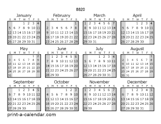8820 Yearly Calendar (Style 1)