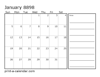 8898 Monthly Calendar with Notes
