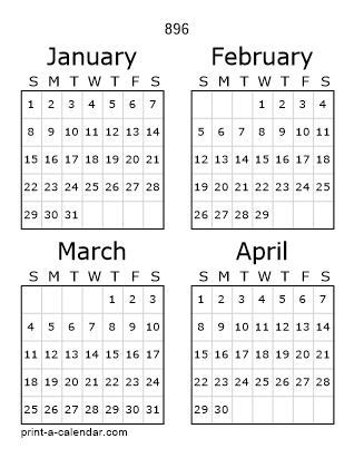 896 Three Page Yearly Calendar | Four months per page