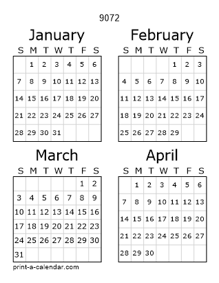 9072 Three Page Yearly Calendar | Four months per page