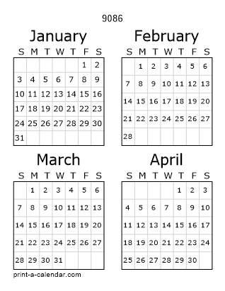 9086 Three Page Yearly Calendar | Four months per page