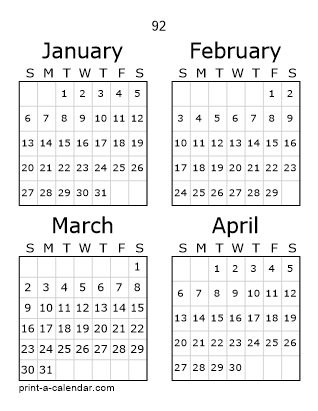 92 Three Page Yearly Calendar | Four months per page