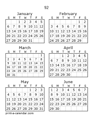 92 Two Page Yearly Calendar | Six months per page