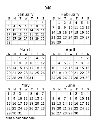940 Two Page Yearly Calendar | Six months per page