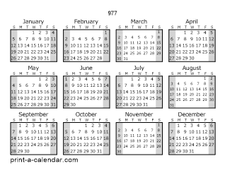 977 Yearly Calendar (Style 1)