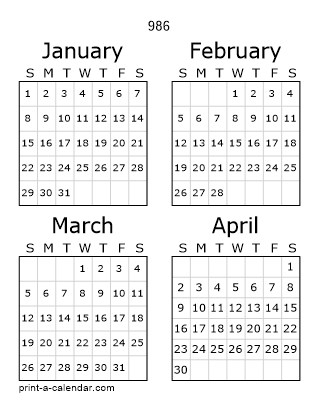 986 Three Page Yearly Calendar | Four months per page