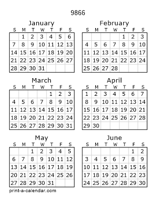 9866 Two Page Yearly Calendar | Six months per page