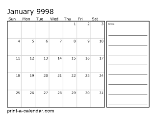 9998 Monthly Calendar with Notes
